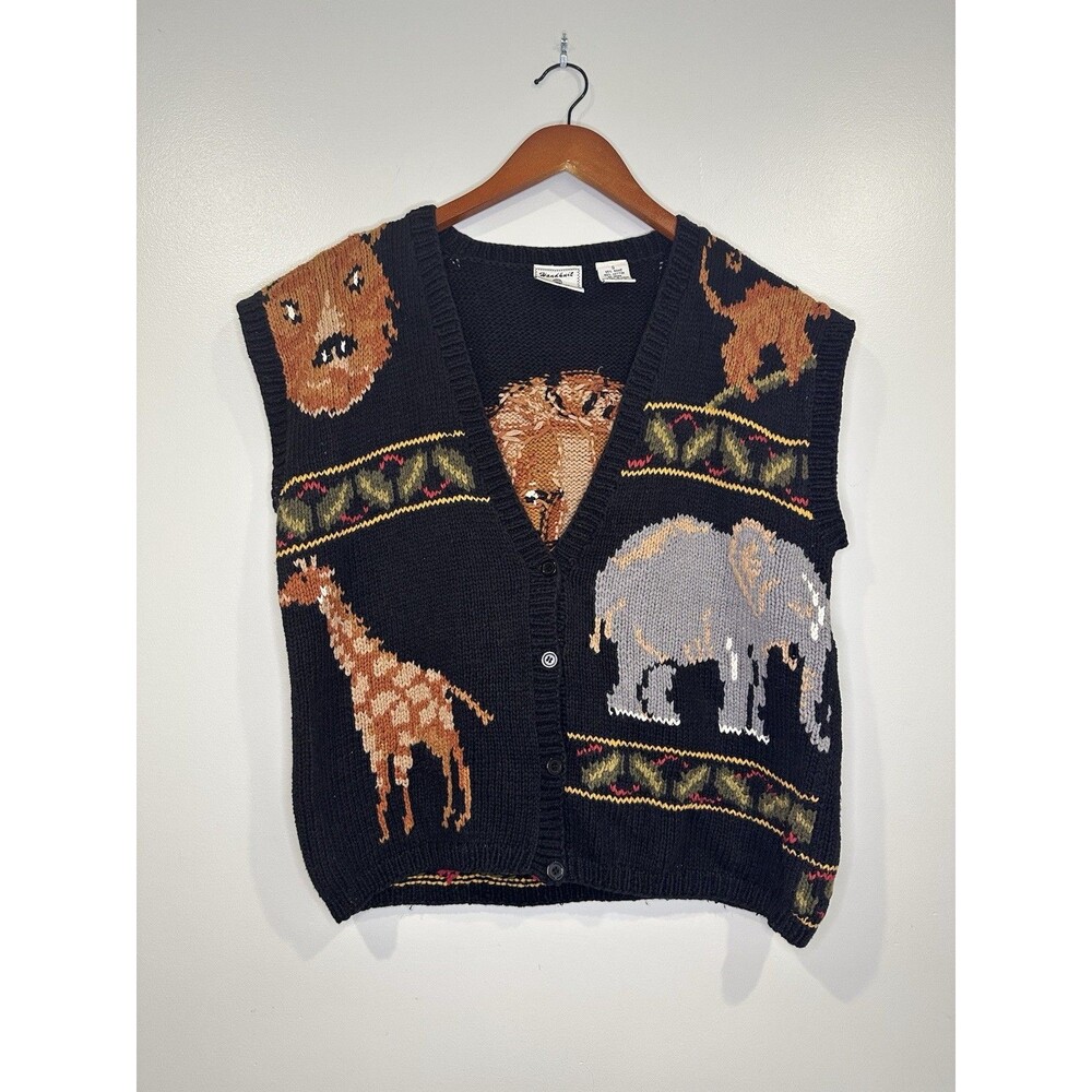 Vintage Womens Hand knit Sweater Vest Small‎ Grandmacore Safari Animals Zoo